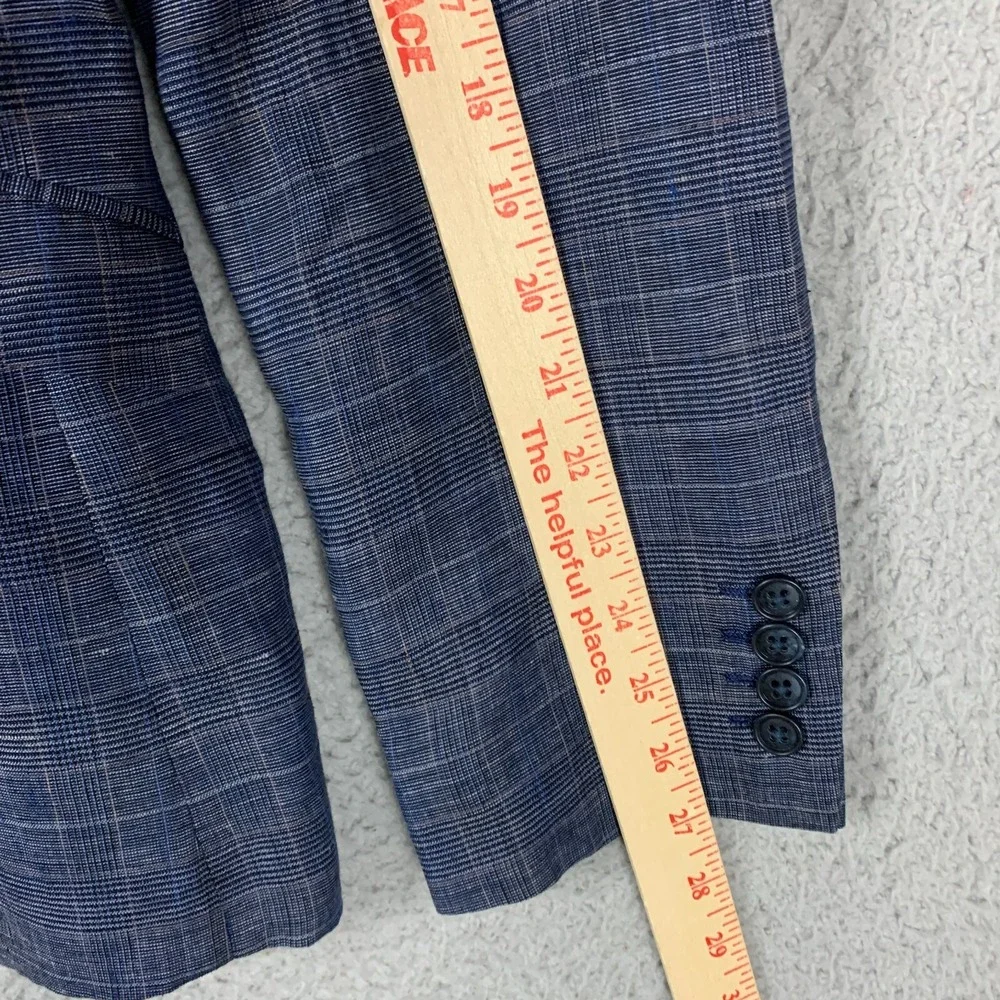 Egara Blazer 100% Linen Windowpane Plaid Navy‎ Unlined Two Button Sport Coat